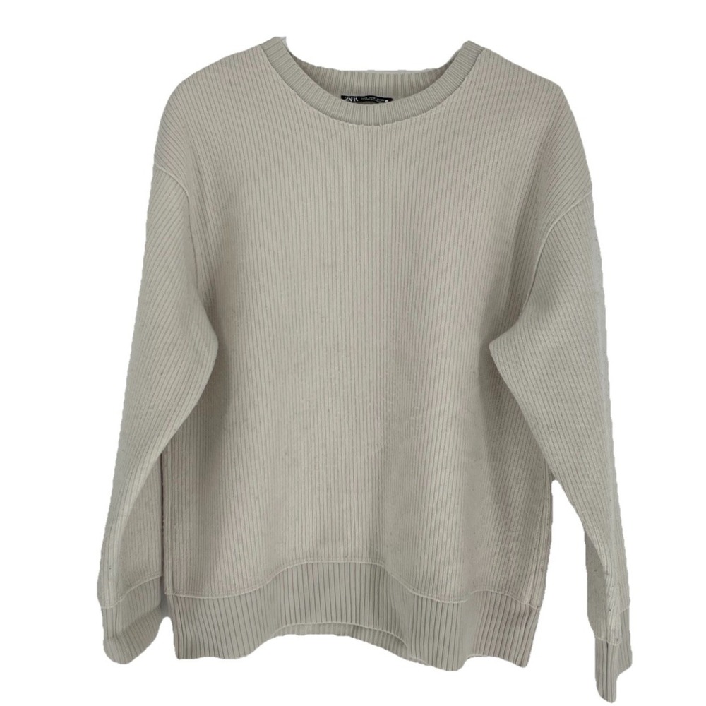 Zara Mens Medium Ivory Knit Sweatshirt Sweater Crew Neck Ribbed Heavyweight